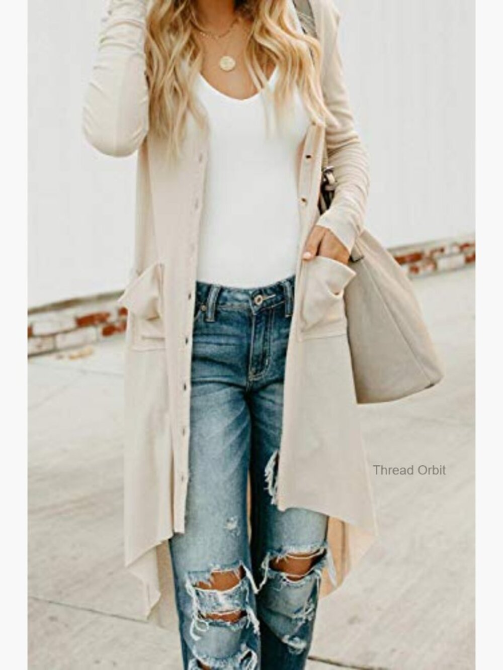 Open Front Cardigan with Pockets High Low Hem V-Neck - Picture 4 of 7